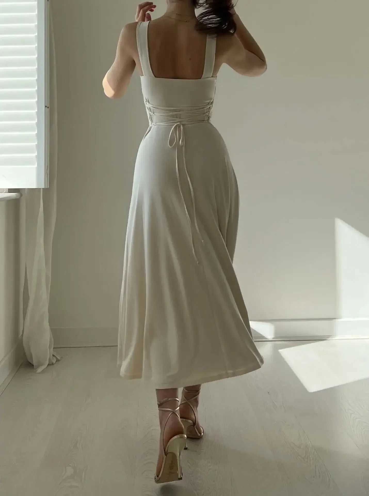 Thick Straps Mini Dress Sexy Women Summer Casual Sleeveless Square Neck Back Lace Up Party Elegant Camisole Strappy Sun Dresses XJ250610