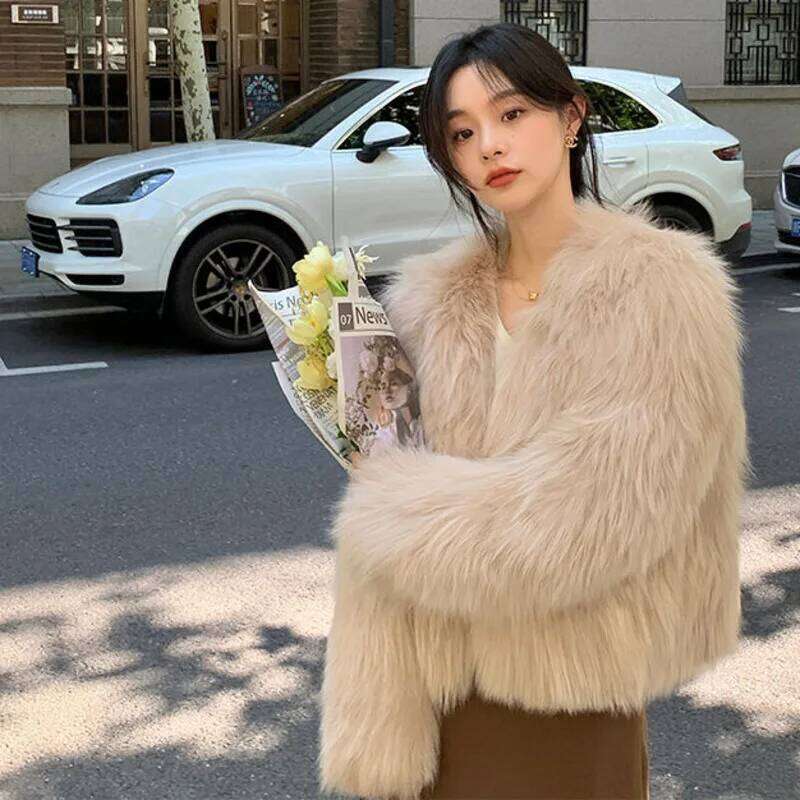 Autumn Winter High Quality Warm Imitation Fox Faux Korean Elegant Chic Fur Jacket Coat Women Outerwear