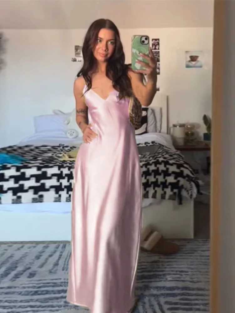 TRAFZA Pink Stain Sling Dresses Women Elegant V Neck Sleeveless Backless Slim Long Dress 2025 Summer Lady Party Holiday Dress XJ250610