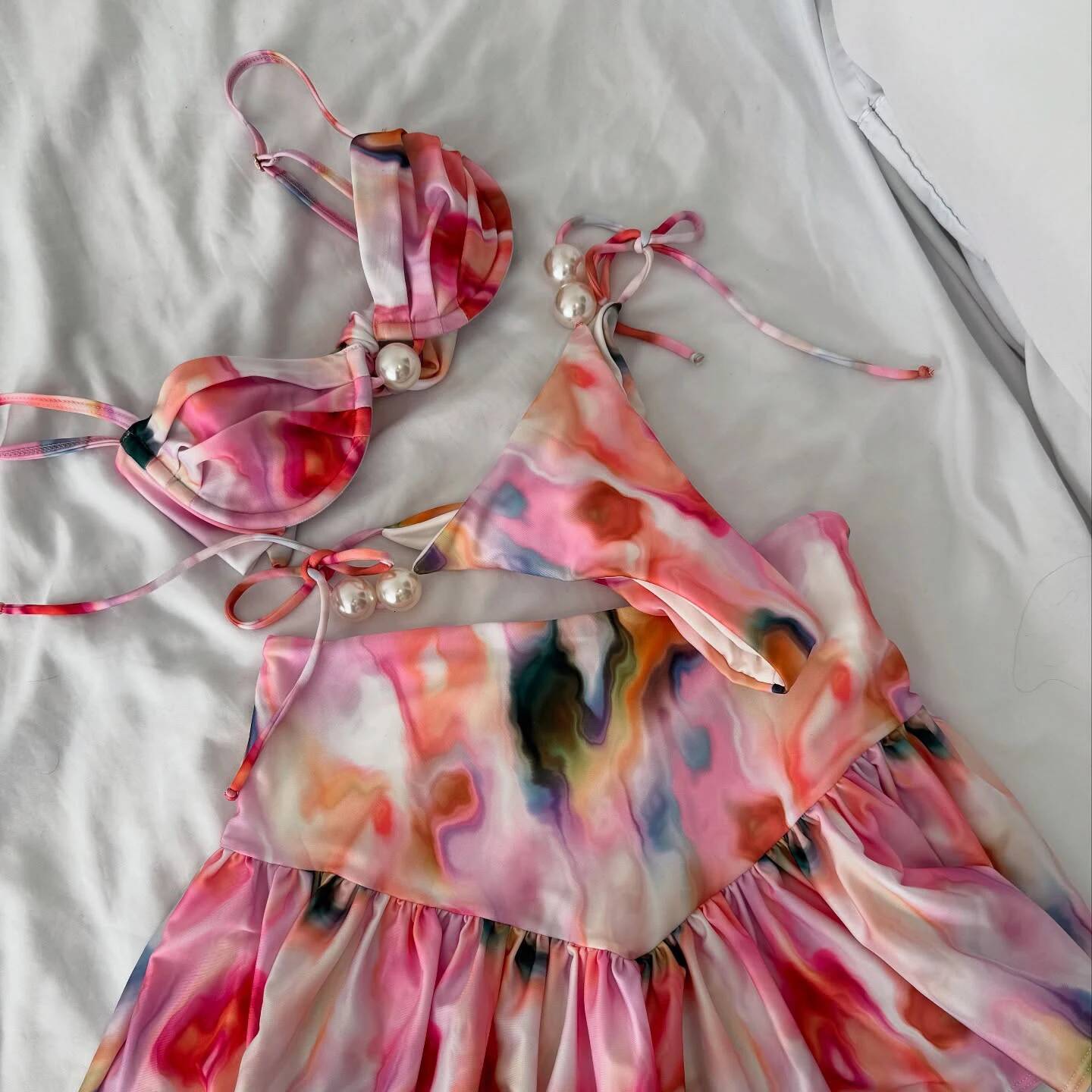 New 3Pcs Pearl Bikini Sexy Swimsuit Women Swimwear Female Floral Biquini Mini Skirt Push Up Bathing Suits Bodysuit Beachwear
