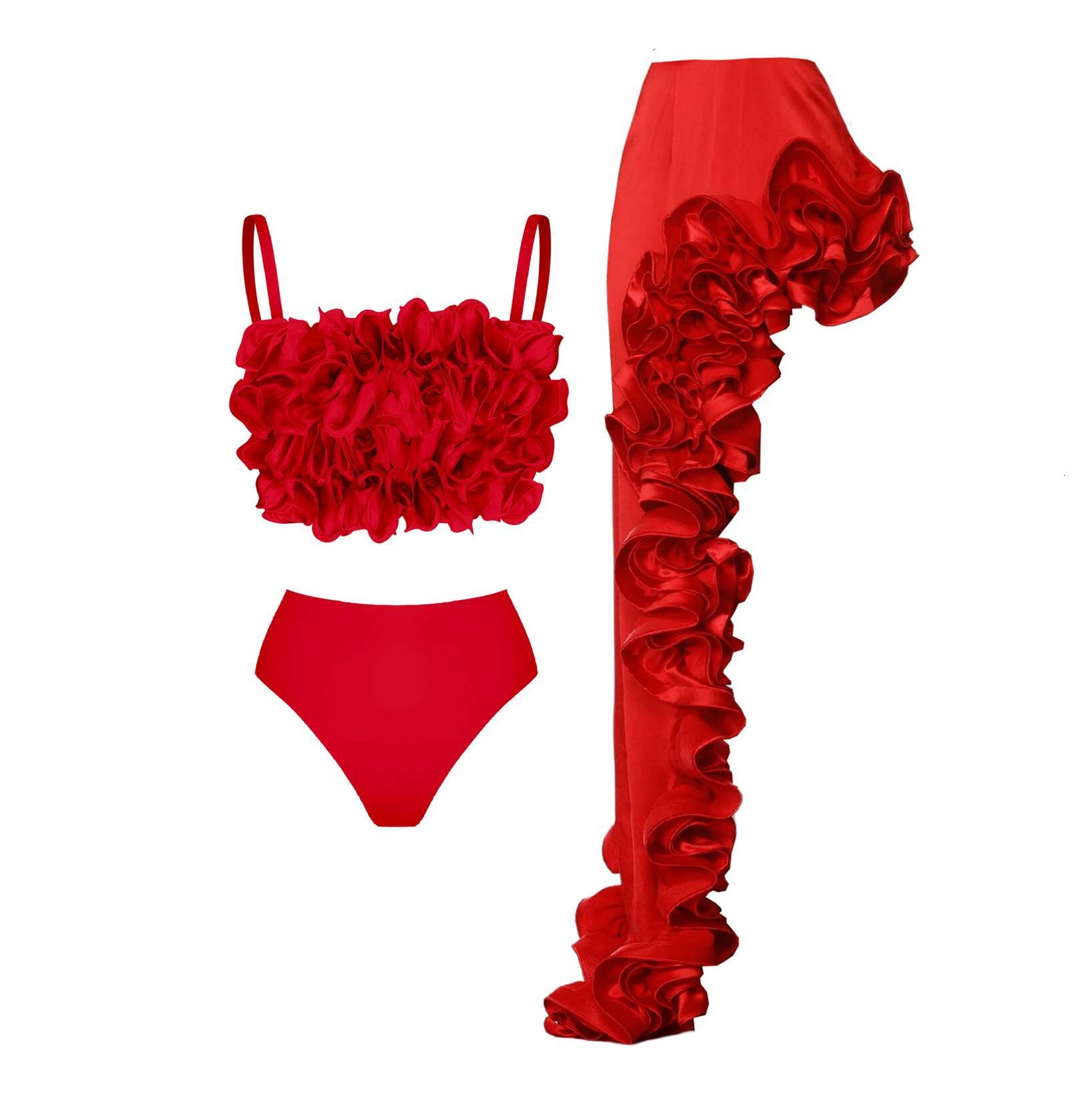 2025 Solid Red Flower Bikini Swimsuit Women Swimwear Sexy Swim Suit Deep V Monokini Off Shoulder Bodysuit Bathingsuit