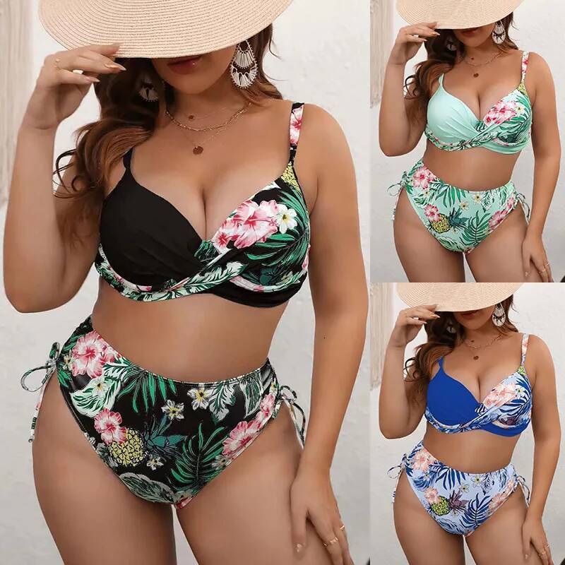 Sexy High Waist Plus Size Printed Swimsuit Women's 2025 New Deep V Swimwear Brazil Split Bikini Set