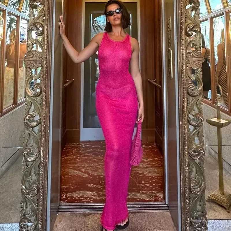 Summer Spliced. See-through Long Dress Women Casual Sleeveless Vest Long Dress Solid Color Sequined Slim Party Dress 2024 New XJ250610