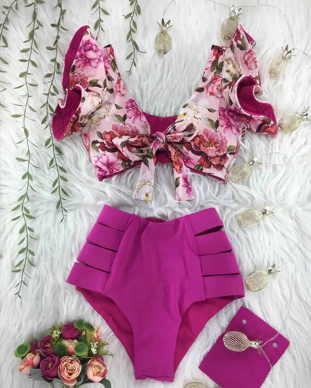 2025 New Floral Ruffled Bikini Set Women V-neck High Waist Two Piece Swimsuit Girl Beach Bathing Suit Swimwear Biquinis
