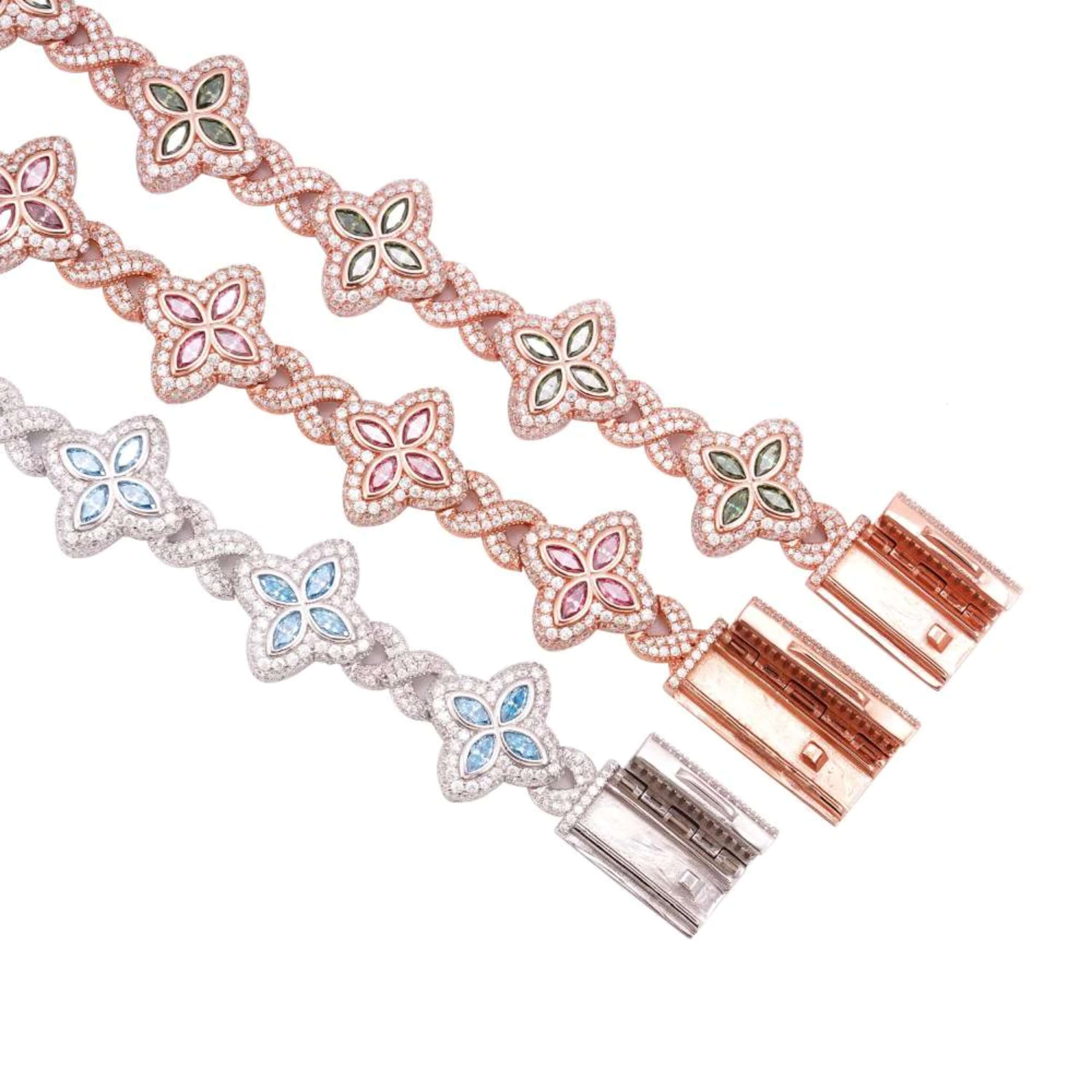 19MM Colored Moissanite 4 Leaf Clover Infinity Link Bracelet Luxury Iced Out Design Sparkling Gemstone Jewelry for Men and Women