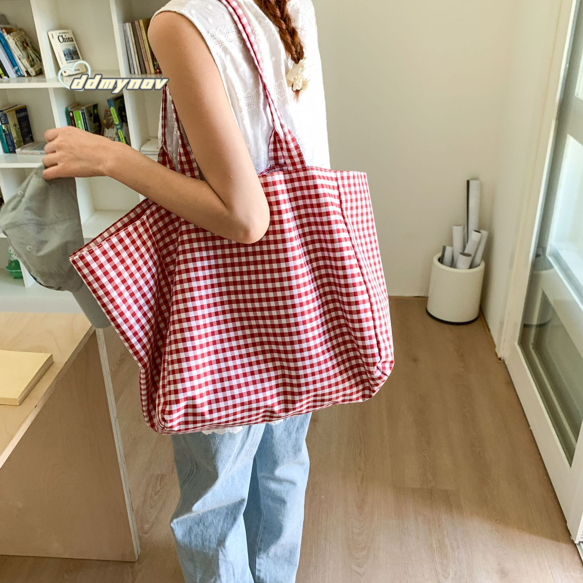 Korean Dongdaemun Large Capacity Plaid Tote Ins Trendy Fashion Artistic Lazy Shoulder Underarm Bag ddmynov