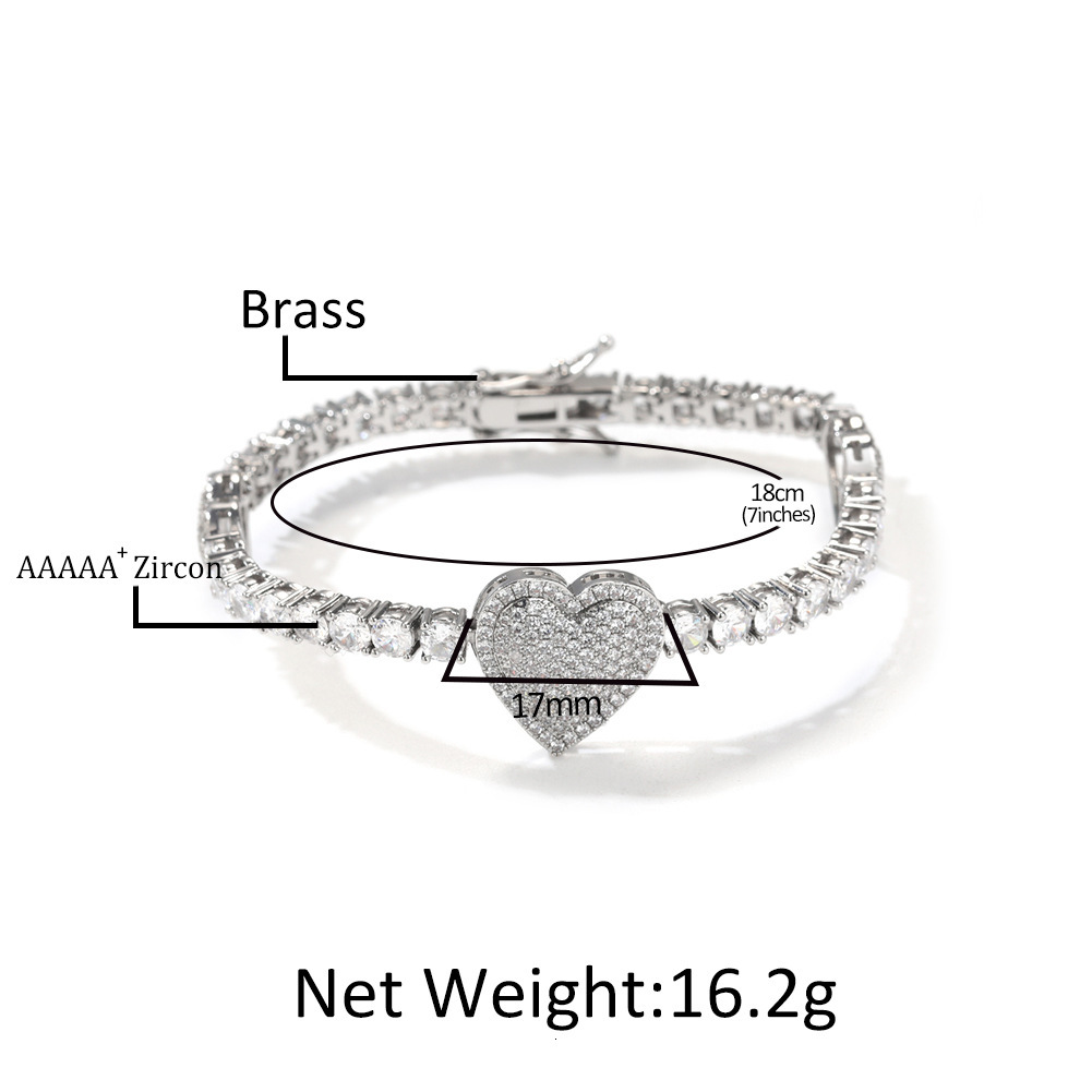 New In Full Diamond Love Heart Charm Diamond Tennis Chain Bracelet Top Quality Iced Out Cubic Zirconia Hip Hop Wedding Bangle Briaces For Women Jewelr