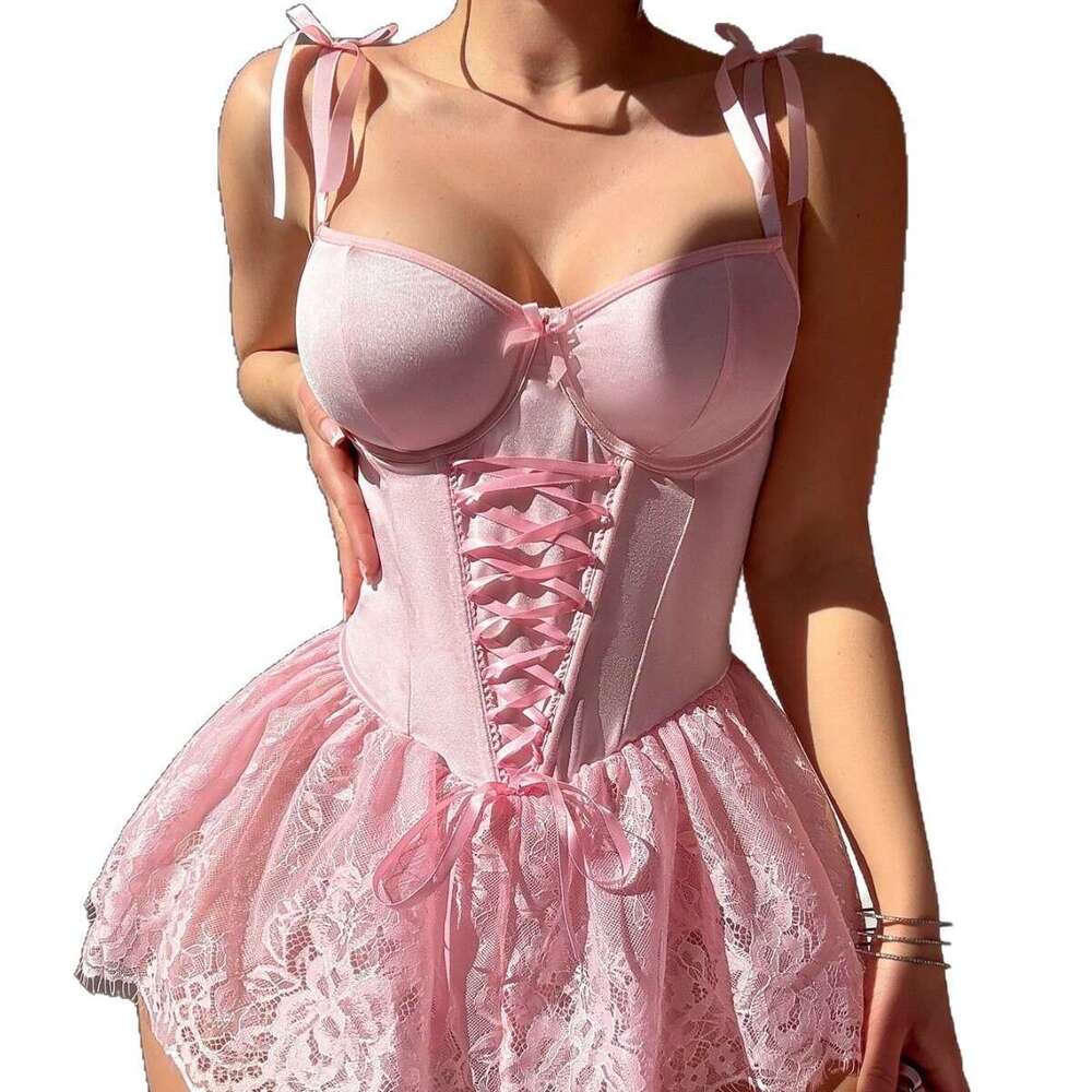Spell Lingerie Porn Suits INS Pure Desire Camisole Uniform Temptation Sexy Fishbone Strap Pink One Piece Lingerie Set Sexy Lingerie