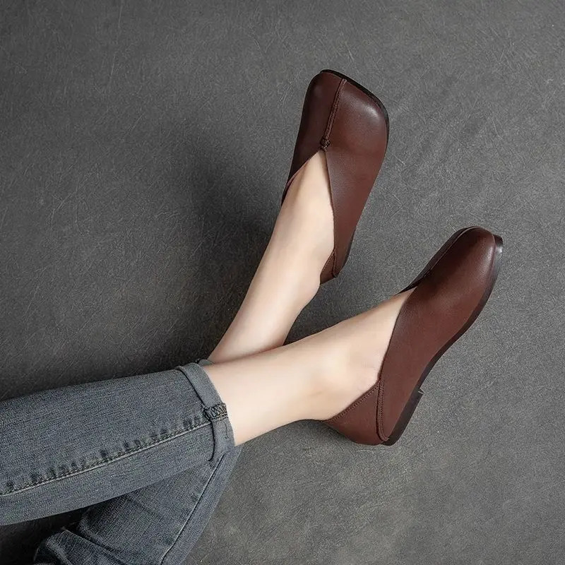 Womens Flat French Shoes Square Toe Genuine Leather Soft Sole Comfortable Pumps Fashion Loafers Casual spring autumn 250603