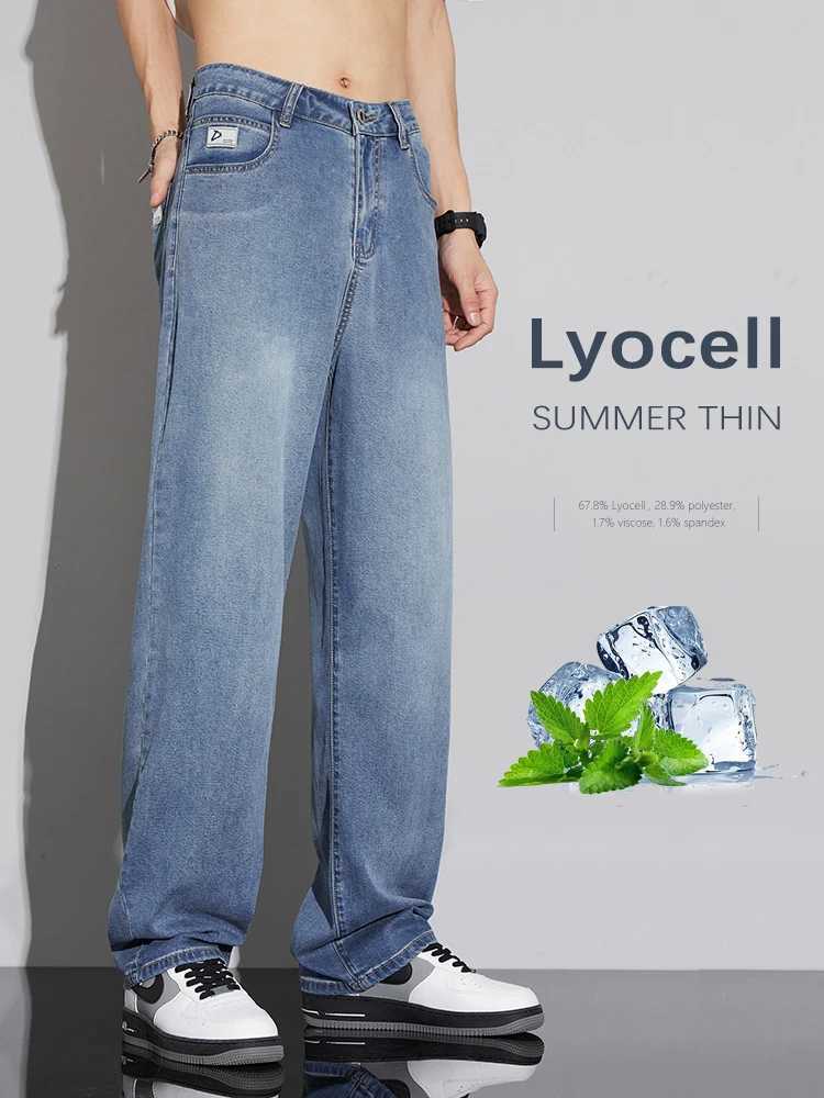 Summer Ultra-thin Lyocell Mens Jeans Soft Drape Loose Comfortable Wide-leg Ice Silk Pants Retro Elastic Casual Trousers M250610