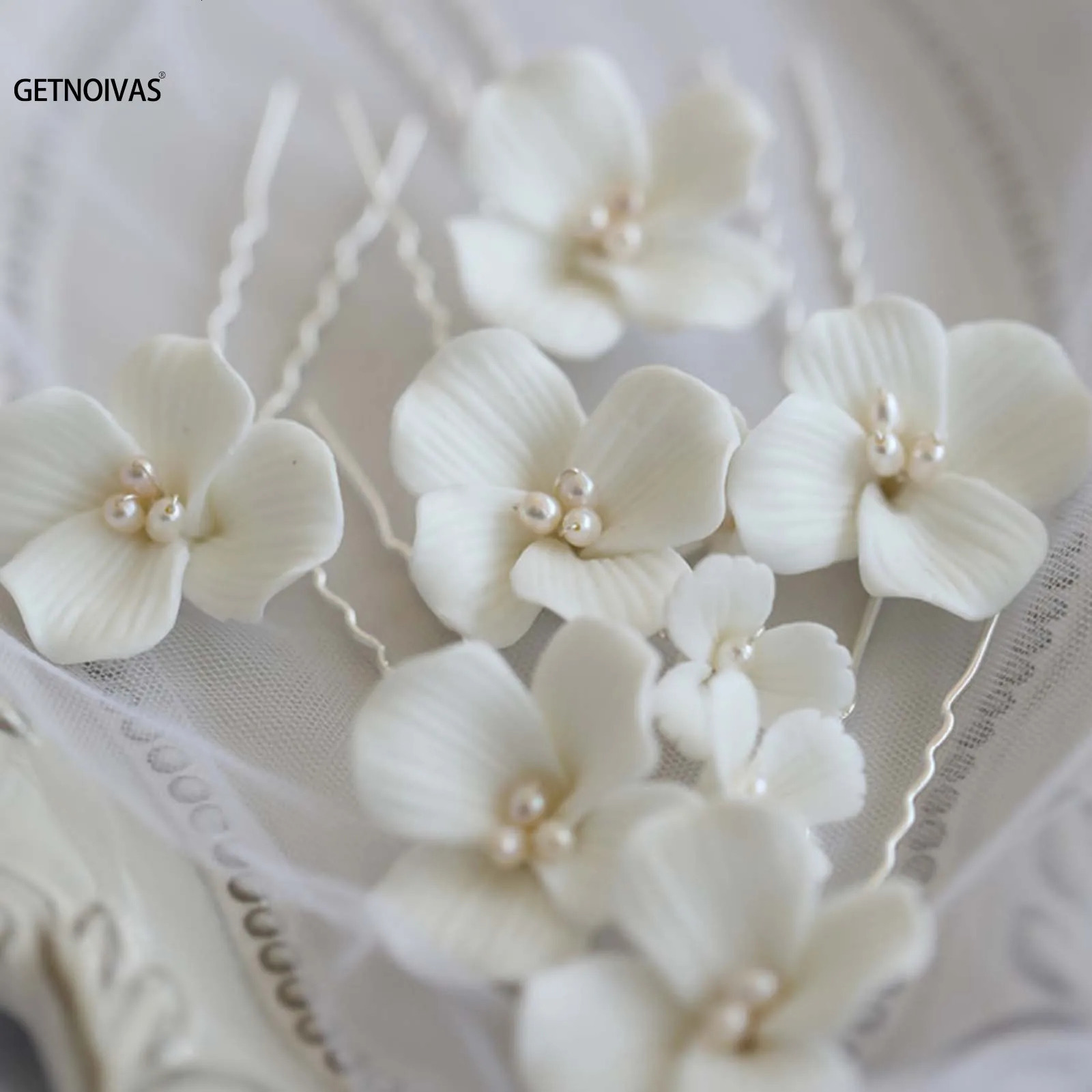 Simple White Ceramic Flowers Hairpins Clips Bridal Hair Clips Pins Wedding Jewelry Women Hair Piece Wedding Hair Accessories 250610