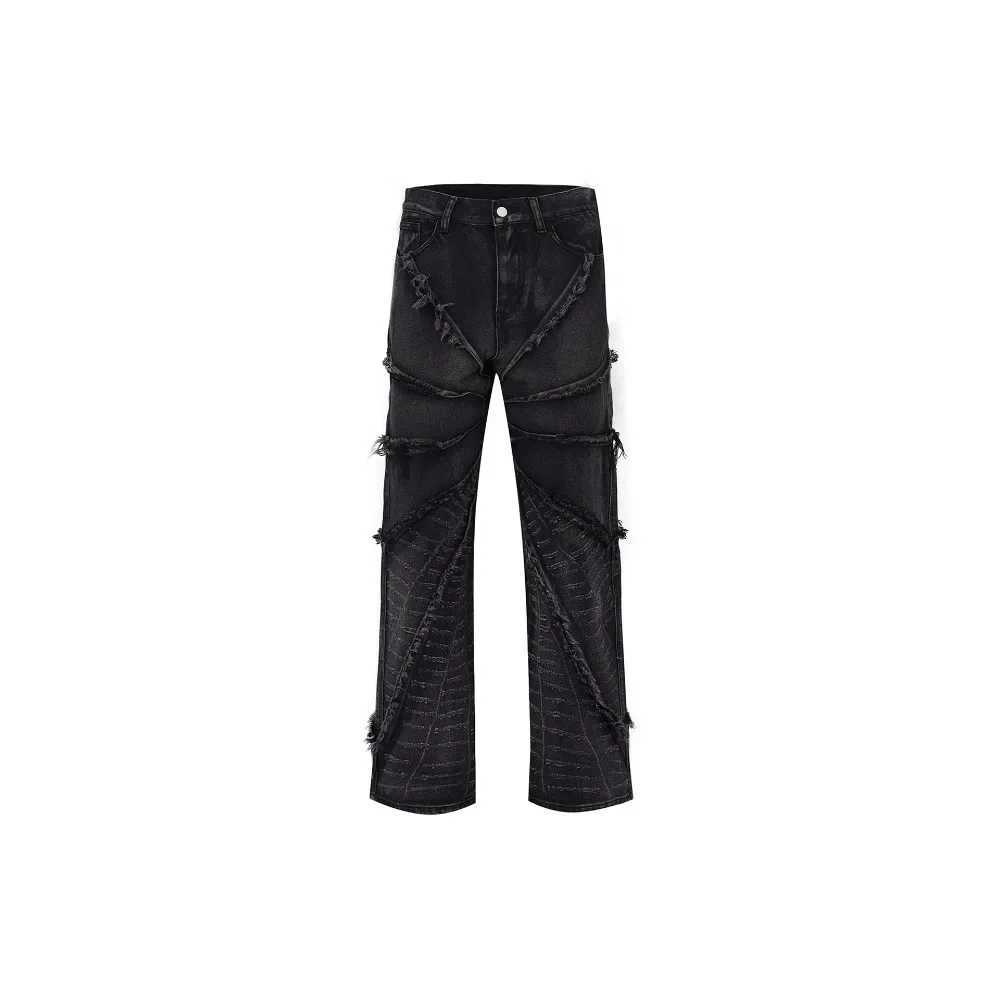 High Street Fringe Cotton Jeans Straight Leg Loose Fit Black Hip Hop Cotton Knit Fabric Distressed Washing Shorts For Men M250610