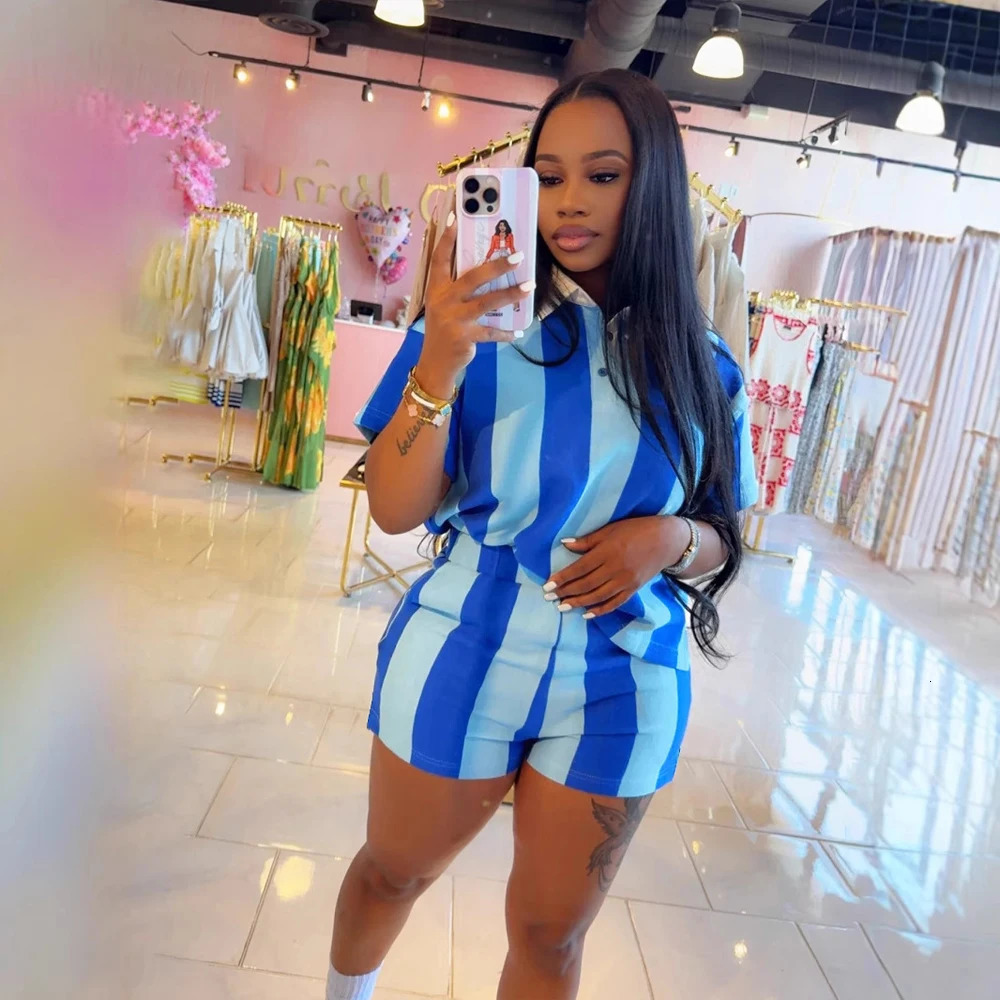 Womens Clothing Fashion Striped Sets Long Sleeve Polo-Neck T Shirt and Shorts 2025 Spring Summer 2 Two Piece Set Tracksuit 250609