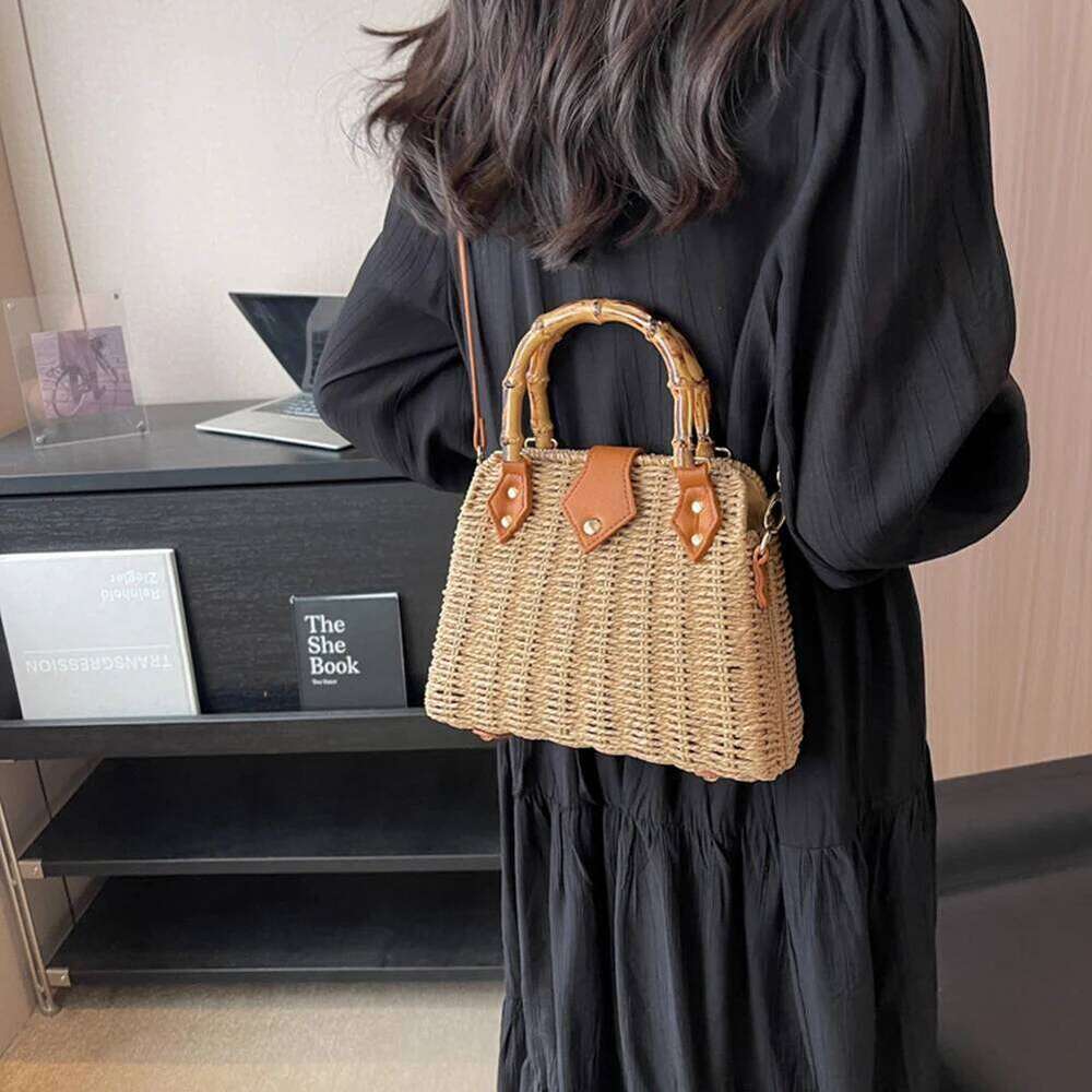 Summer Straw Basket For Women 2023 Bamboo Handle Rattan Handbags Beach Shoulder Crossbody Bag Travel Woven Bags Bohemia