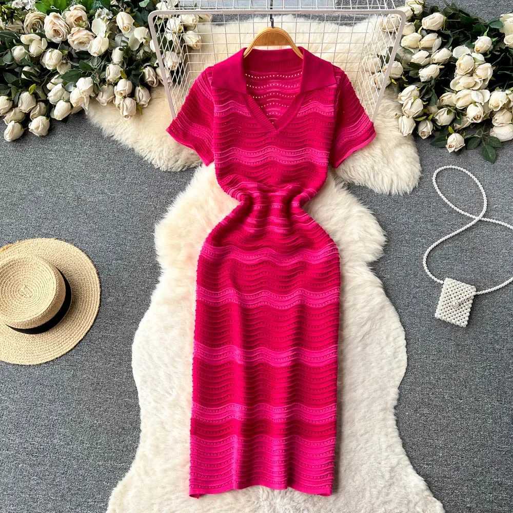 Short Sleeves Striped Long Dress Lapel Neck Hollow Out Slim Bodycon Sundress Fashion Hotsweet Knitted Beach Midi Dress XJ250610