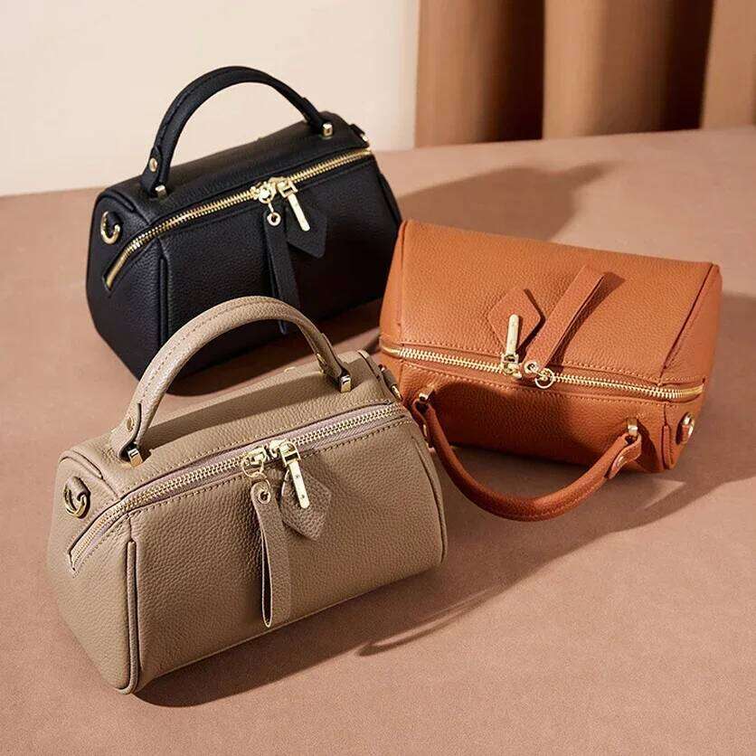 Genuine Leather Ladies' 2024 New Retro Simple Classic Boston Handbag Cowhide Diagonal Shoulder Bag