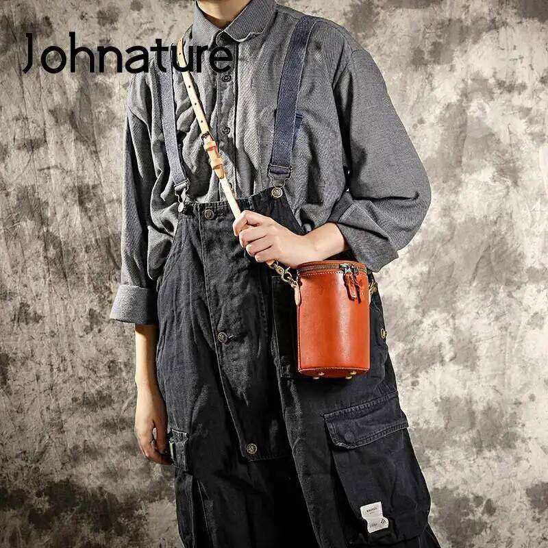 Johnature Simple Solid Color Bag Women 2025 New Genuine Leather Leisure Real Cowhide Barrel-Shaped Shoulder & Crossbody Bags