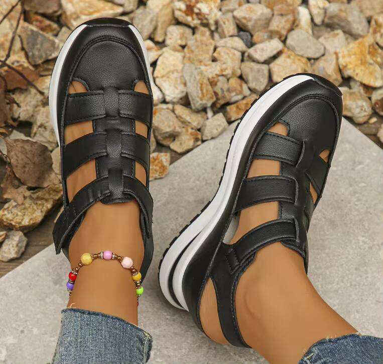 Summer Wedge Sandals With Closed Toe Hollow Breathable Platform Velcro Women's Shoes