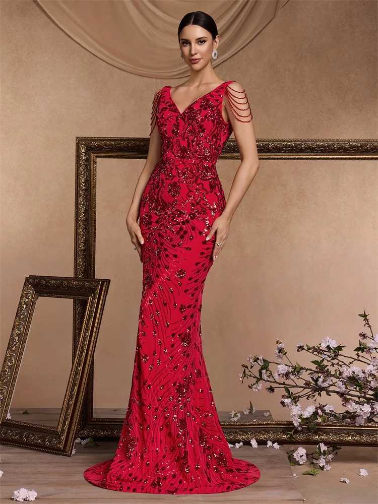 Elegant Deep V-Neck Red Sequin Formal Evening Dresses Women 2024 Beading Wedding Party Mermaid Cocktail Prom Gown XJ250610