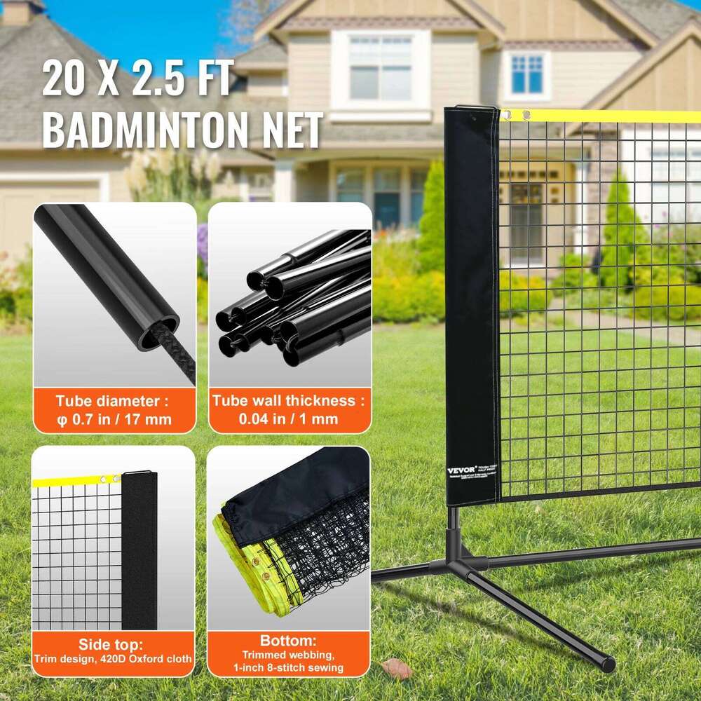 VEVOR 20FT Badminton Height Adjustable Volleyball Wide Foldable Pickleball Portable Tennis Net Set with Poles Stand