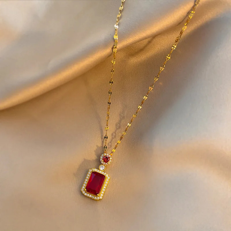 DIEYURO 316L Stainless Steel Square Green Red Zircon Pendant Necklace For Women Classic Girls Jewelry Chain Birthday Gift 250609