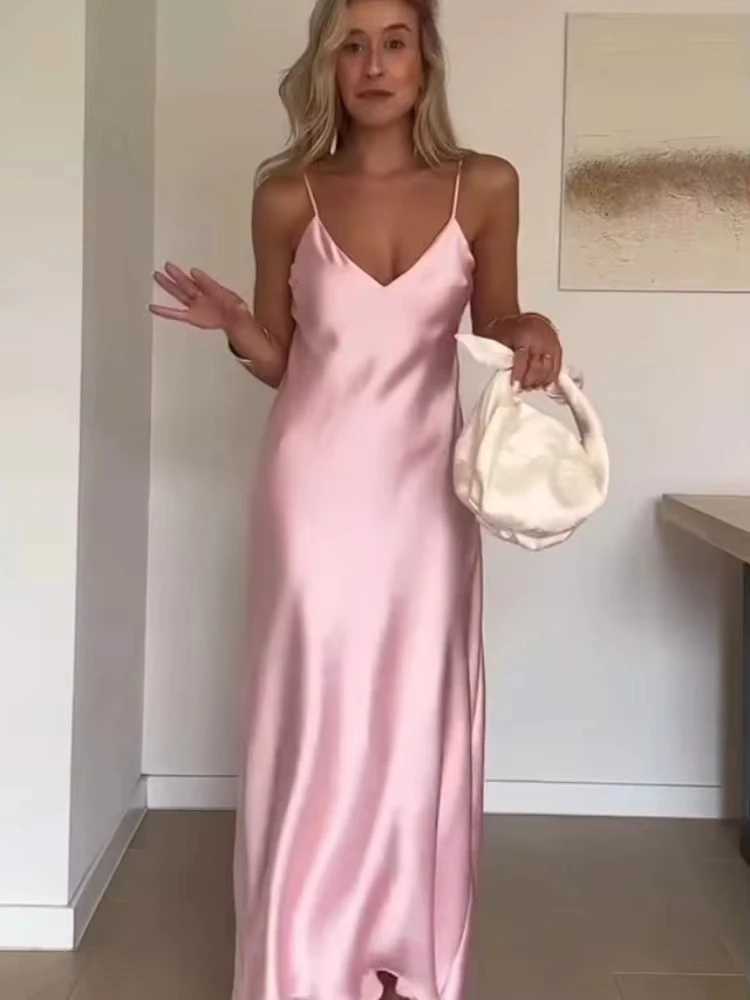 TRAFZA Pink Stain Sling Dresses Women Elegant V Neck Sleeveless Backless Slim Long Dress 2025 Summer Lady Party Holiday Dress XJ250610