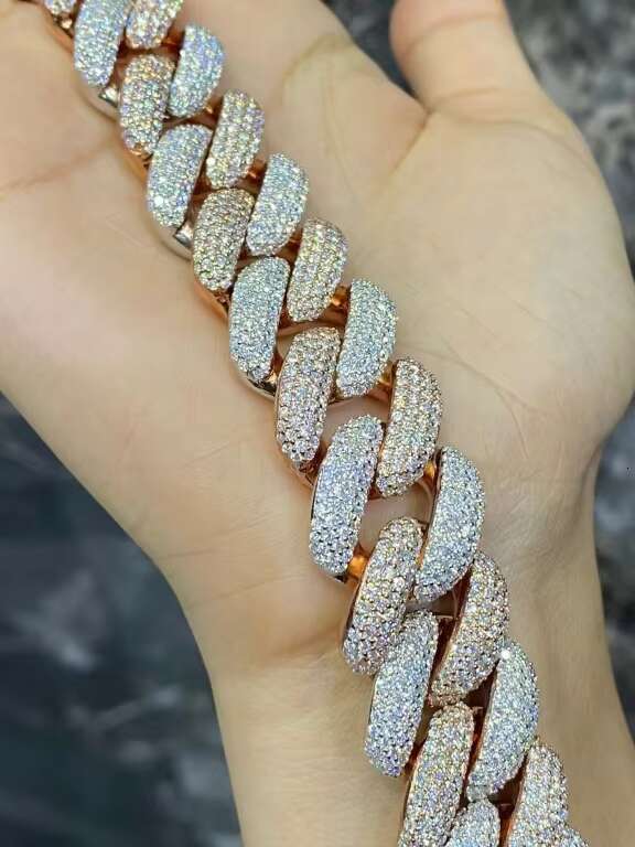 Two-tone White Sliver Plated 18mm VVS Moissanite Dia Cuban Chain Necklace Hip-hop Fashion Bracelet OACOCA