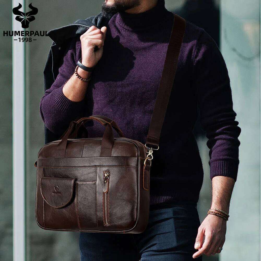 HUMERPAUL Men's Briefcase Top Layer Leather Handcrafted Laptop Bag With Multiple Compartments Business Shoulder Messenger