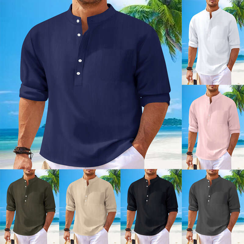 Autumn New Men's Solid Color Casual Cotton Linen Stand Collar Long Sleeve Shirt B5