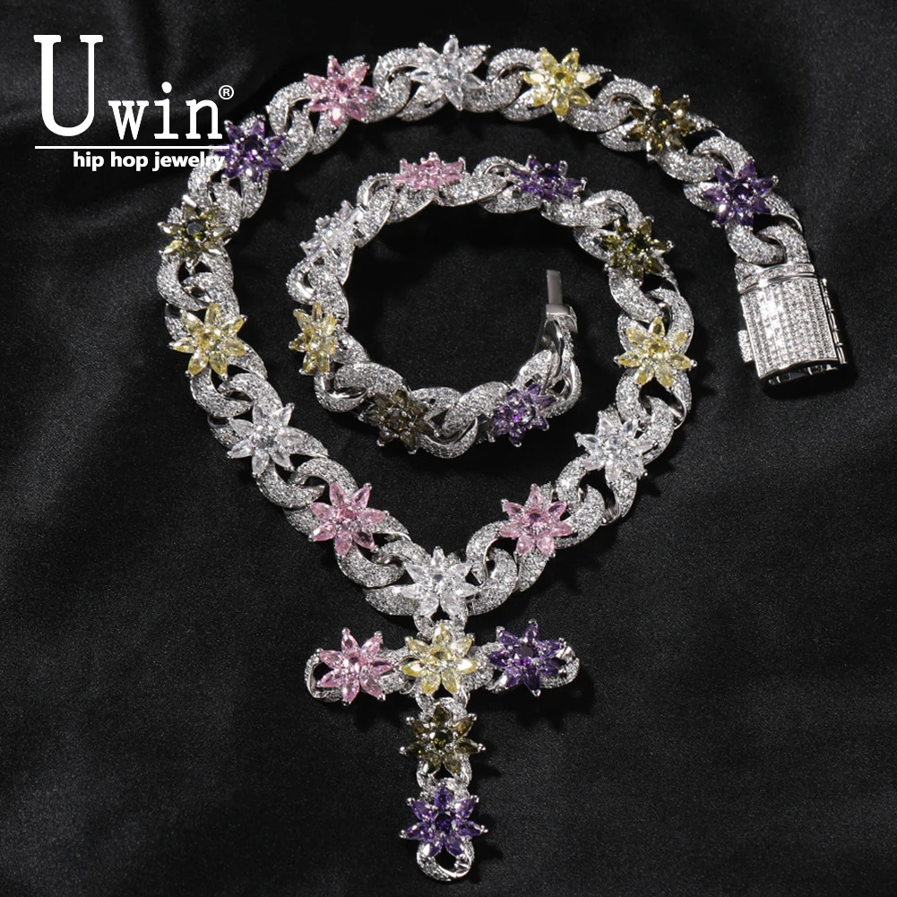 Uwin Colorful Flower Cuban Chain Full Paved Iced Out Bling Cubic Zirconia Cross Charms Baguette CZ Cuban Chain HipHop Jewelry 250609