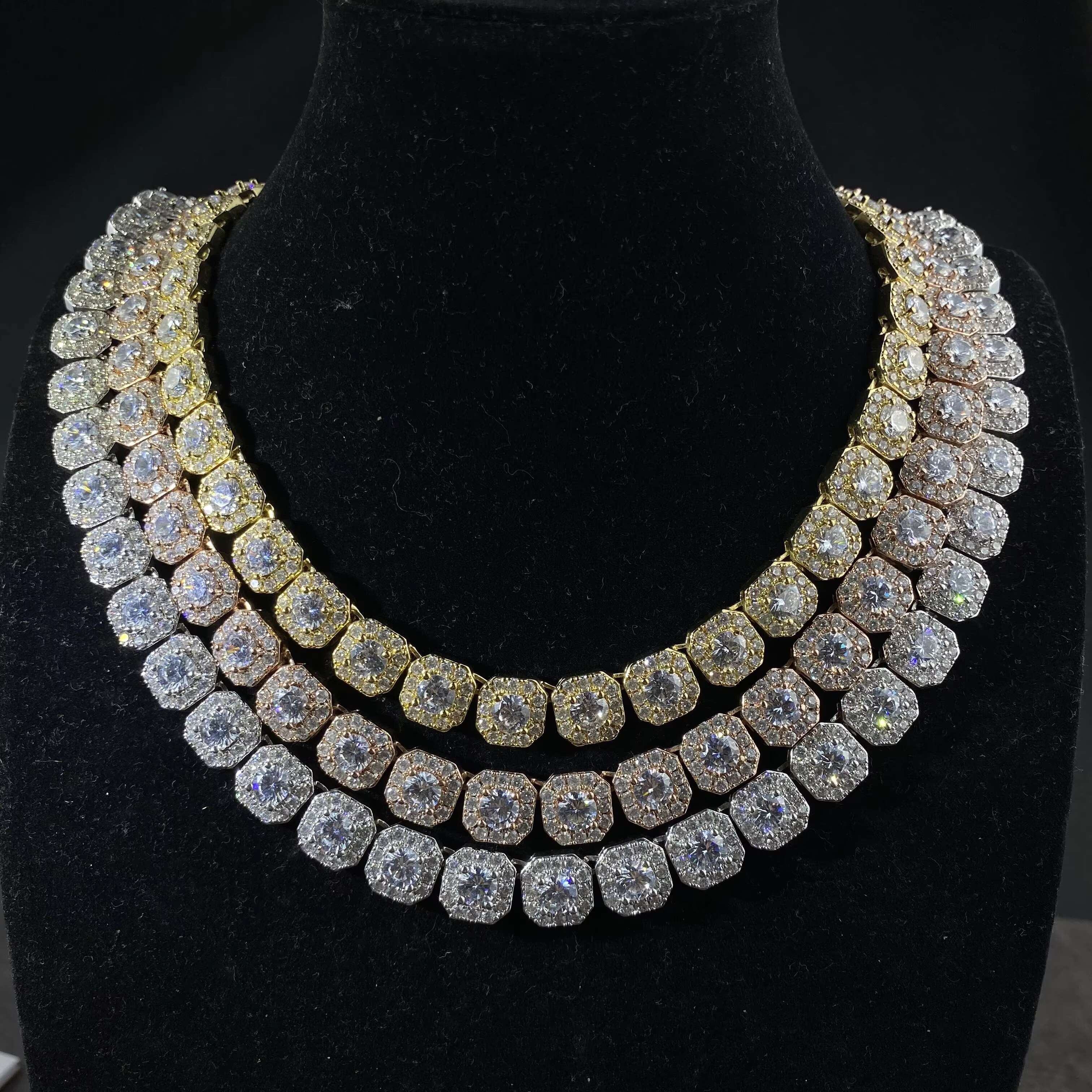 OACOCA Fine Jewelry Hiphop 925 Sterling Silver D VVS Diamond Moissanite 10mm Cluster Tennis Chain Mens Necklace