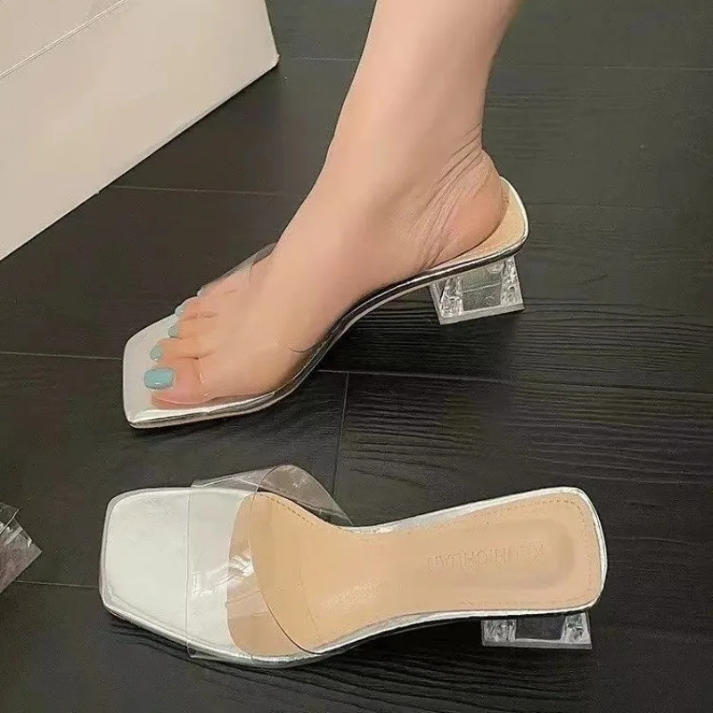Summer Square Headed Water Diamond Transparent PVC Crystal Thick Heel Slippers for Womens Sandals for Outwear T2 250610