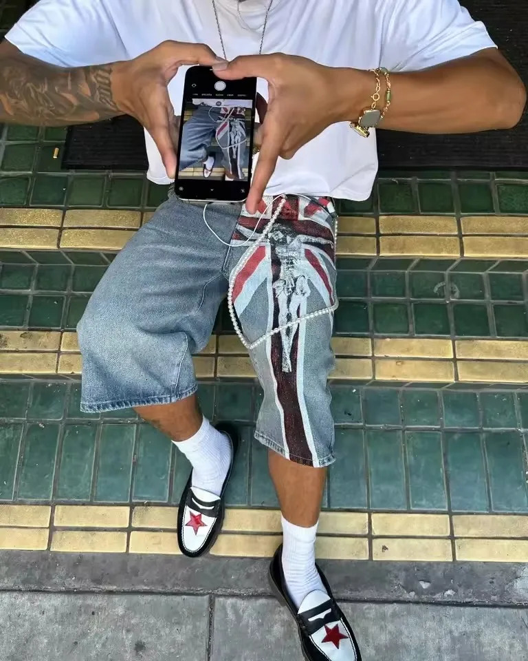 Streetwear Vintage Denim Shorts Y2K Jeans Hip Hop Union Jack Graphic Retro Baggy Shorts Low Rise Over The Knee Pant Casual Short 250610
