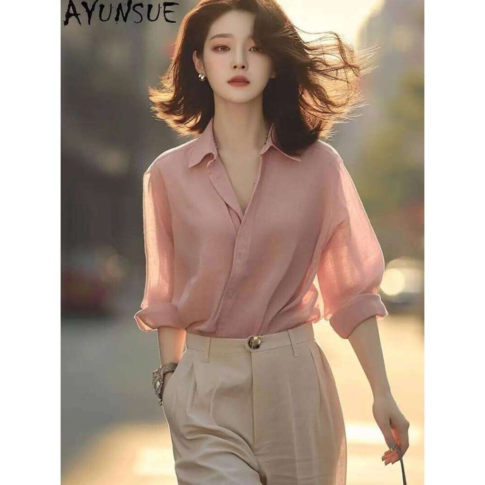 AYUNSUE Natural Mulberry Silk Blouse Sunscreen Shirts For Clothing Pink Tops Woman 2025 Blusa Elegante Spring Summer