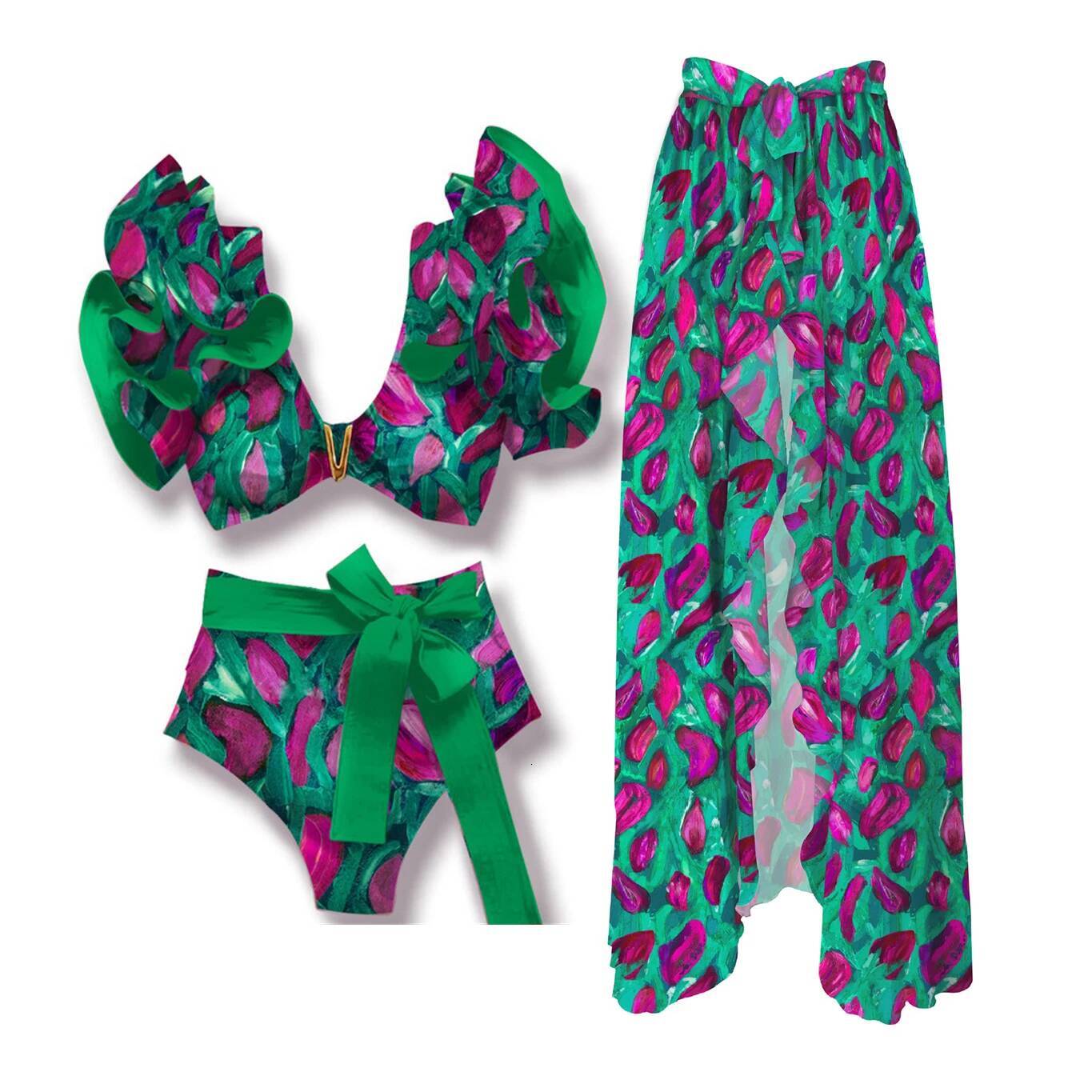 2025 High Quality Sexy Set Floral Brazilian Biquini Shoulder Ruffle Bikini Swimwear Women Swimsuit Solid Monokini Beach