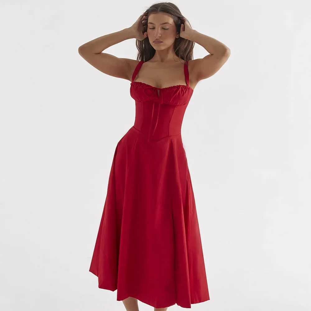 Summer New Fashion French Style Elegant Casual Tied Waist-fitted Slimming Dress Womens Foreign Trade Sleeveless Side Slit DressXJ250610