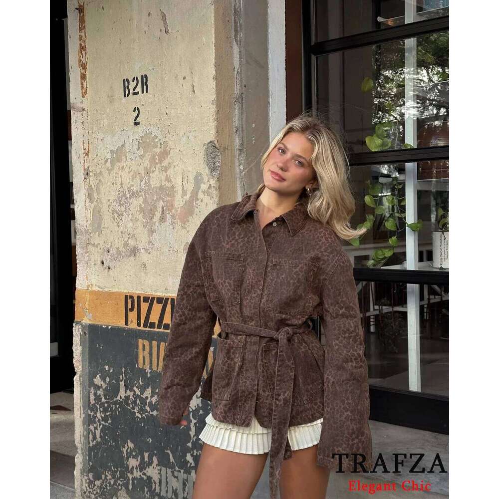 TRAFZA Women Fall Winter PU Leopard With Lace-up Lapel Pocket Button Lined New 2024 Fashion Vintage Leather Jacket