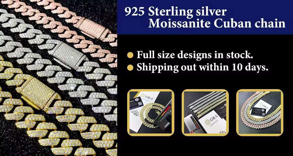 OACOCA Hot Sale Cuban Link Necklace 8mm-10mm VVS Moissanite Diamond 925 Silver Gold Plated Iced Hip Hop Style Jewelry