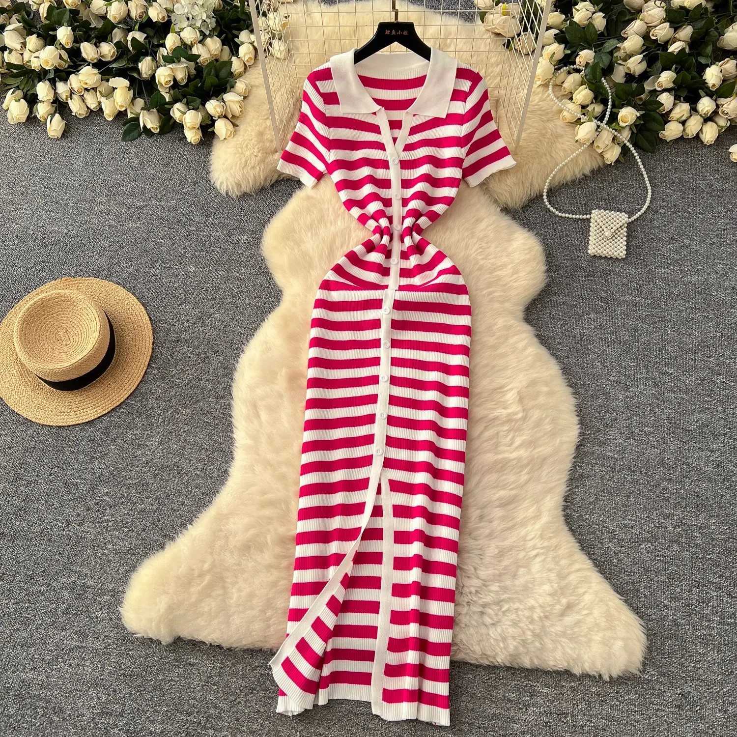 YuooMuoo Chic Fashion Sexy Wrap Hips Knitted Maxi Dress 2025 Summer Women Single-breasted Stripes Sweater Dress Streetwear Robes XJ250610