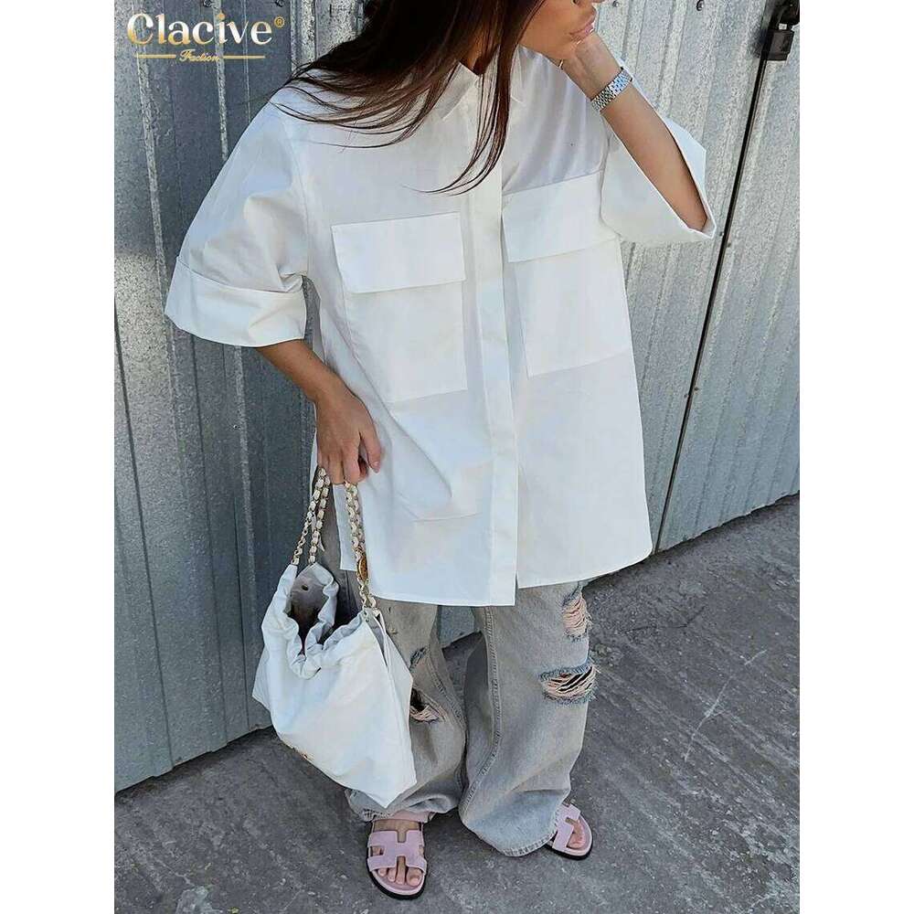 Clacive Fashion Loose White Cotton Women's Blouse Casual Lapel Short Sleeve Shirts Elegant Classic Pockets Tops Female Clothing