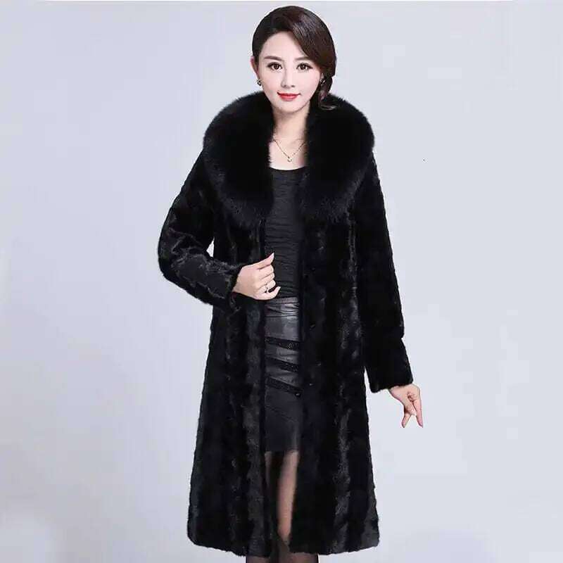 Women's Winter Warm Black with Mink Mid-length Fox Fur Collar Coat Plus Size Thick and Elegant