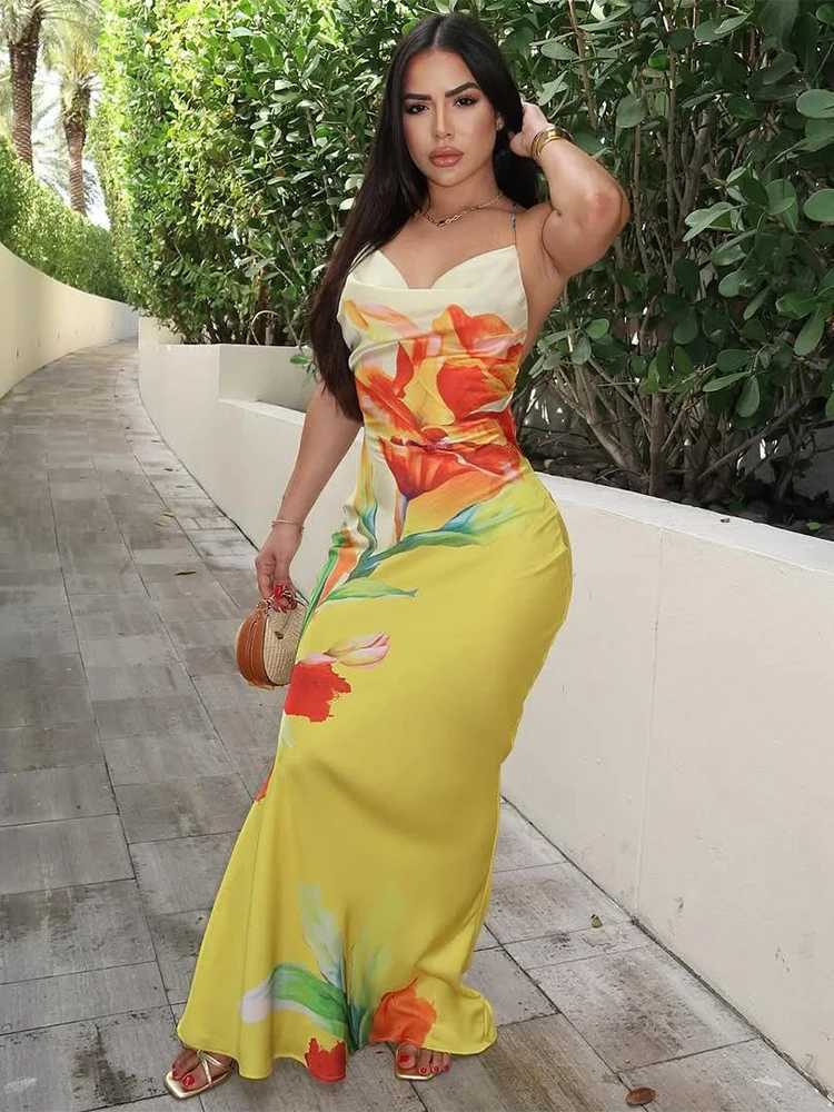 Weird Puss Floral Print Sexy Lace-Up Backless Dress Women Ruched Swing Collar Sleeveless Robe Vacation Trend Beach Party OutfitsXJ250610