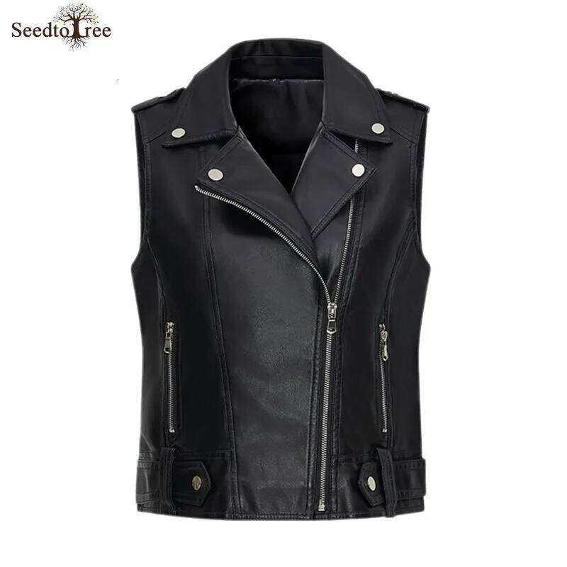 Women's Vintage Solid Color Motorcycle Vests Zipper Pockets Leather Jacket Sleeveless Women Riding Vest Motor Biker Jackets