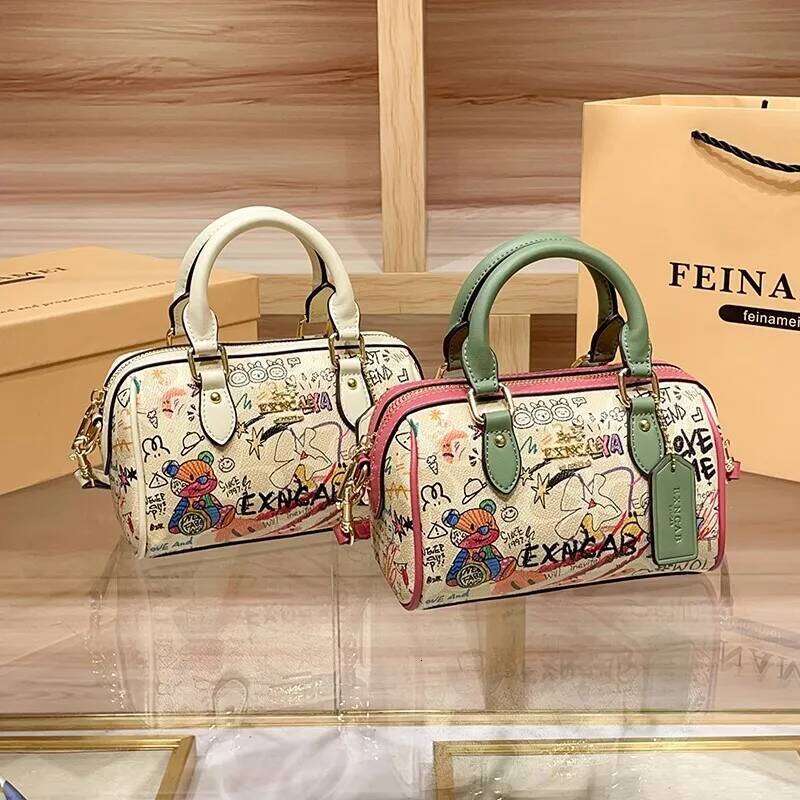 Brand Women's Handbag 2025 Spring/Summer New High end Single shoulder Crossbody Graffiti Bear Boston Pillow Bag
