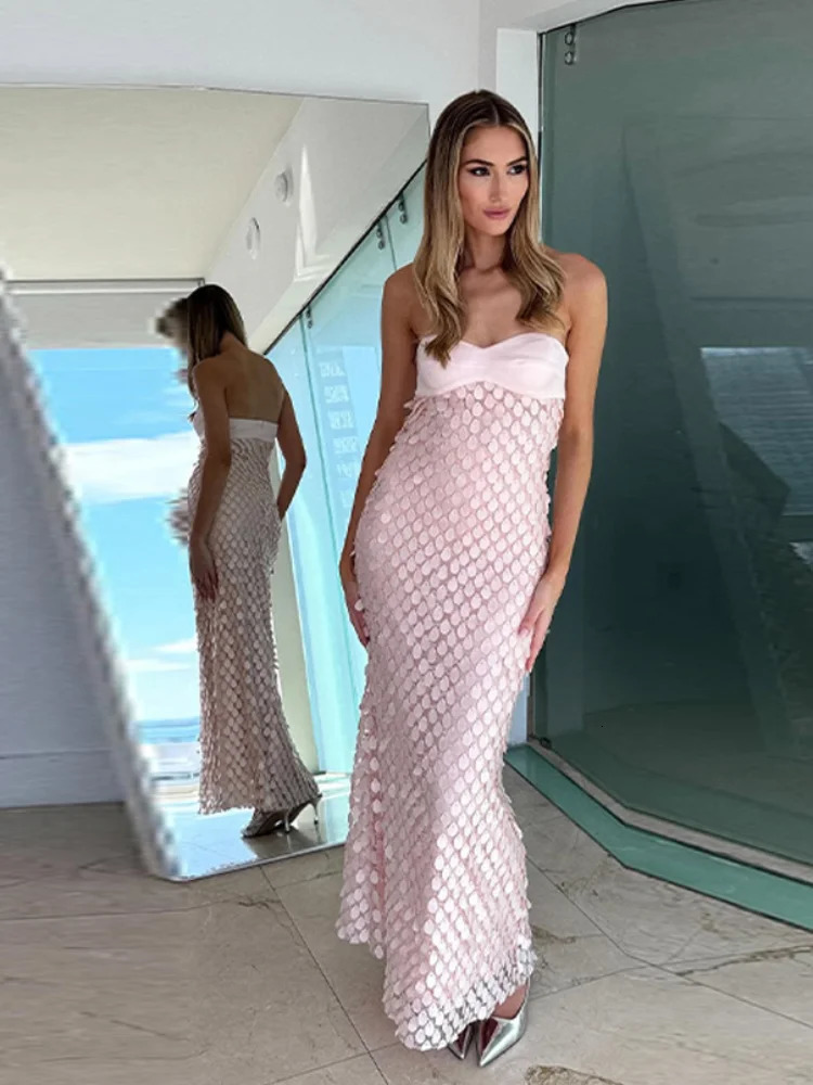 Sexy Sequined Spliced Long Dress Women Stain Backless Sleeveless Slim Tube Top Party Dresses Summer Vacation Robes Lady 250610