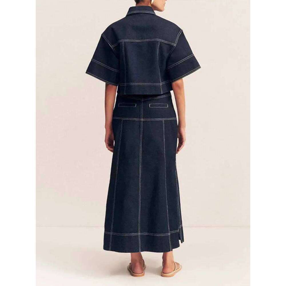 Trendy Women's Contrast Ing Denim Set Short-Sleeve Crop Top Matching High Waist Maxi Skirt Summer Casual Outfits