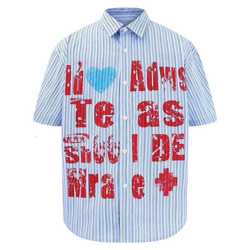Mens Short Sleeve Striped Shirt Colorful Letter Print Harajuku Style Button Down Casual Cotton Loose Fit Summer Streetwear Top 250610