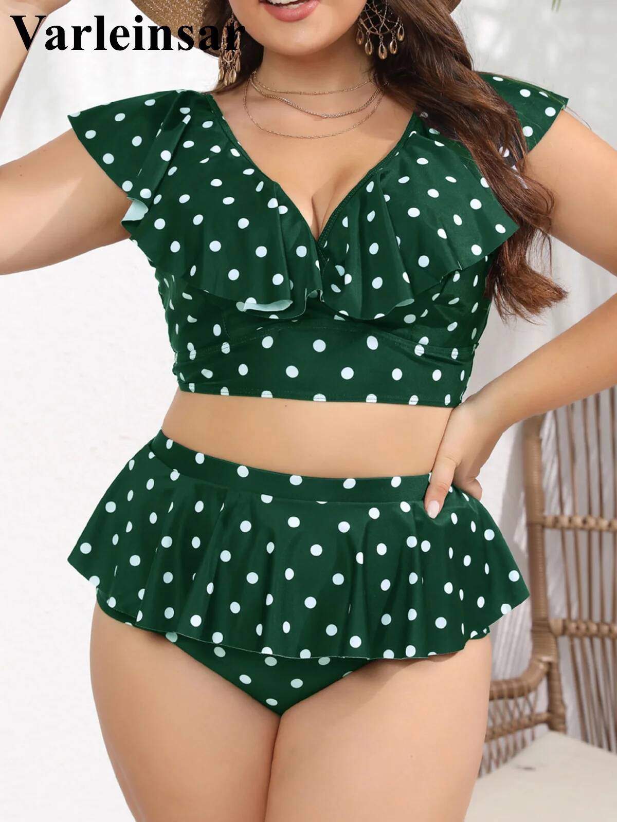 0XL - 4XL Polka Dots Large Swimwear Plus Size Women Swimsuit Female Two-pieces Bikini set Bather Bathing Suit V3745