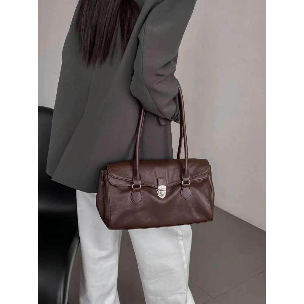 Office Ladies Elegant Work Single Shoulder Hasp Solid Color Genuine Leather Vintage Underarm Bag Casual Women Handbag Totes 2025/06/10