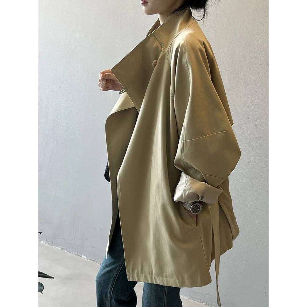 Sleeve Windbreaker Women Vintage Elegant Trench Coat Office Lady Belt Jacket Loose Waist Stand Collar Fashion Long Coats